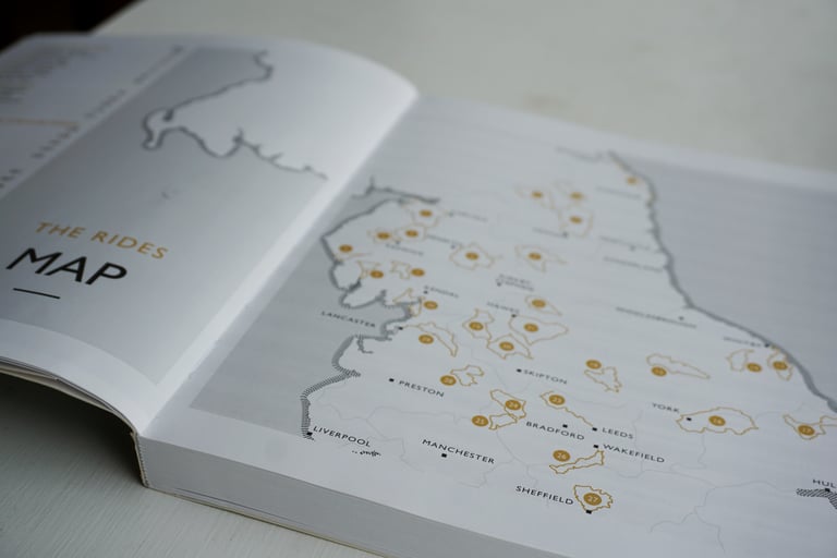 Lost Lanes North open at its rides map of northern England, with numbered route areas from Lancaster to Sheffield.