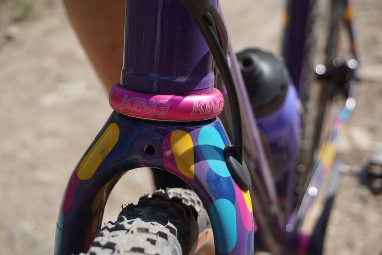 Pink Chris King headset on the Mercredi's purple fork crown, with the colourful spotted paintwork below.