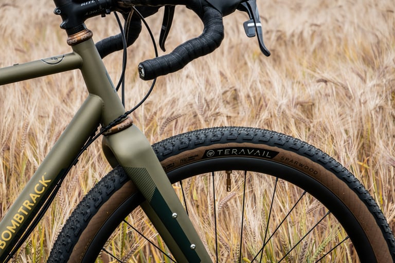 Teravail Sparwood tyre in the Bombtrack Hook EXT fork, with the Chris King headset in matte bourbon above.