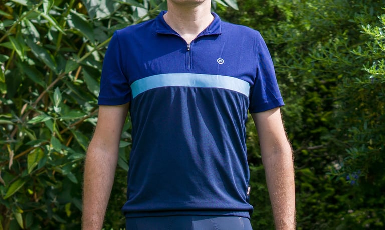 Front of the Chapeau! Café Colour Block Jersey, navy with a light blue chest stripe and short zip.