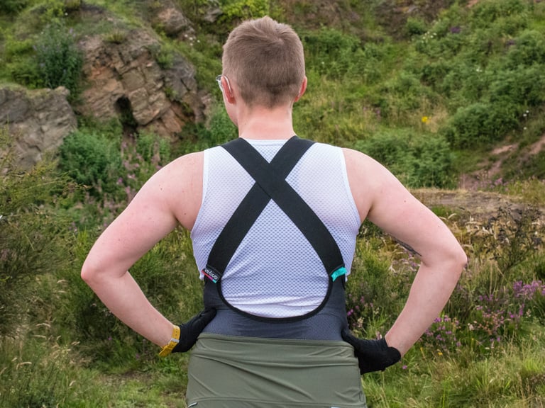 Velocio Mesh TRAIL Bib Liner with FlyFree crossed back straps, worn under a white base layer and khaki shorts.