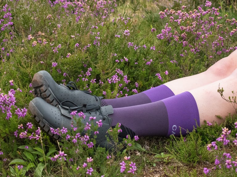Purple Cascada Cross Socks and grey gravel shoes on a rider lying back in flowering heather.