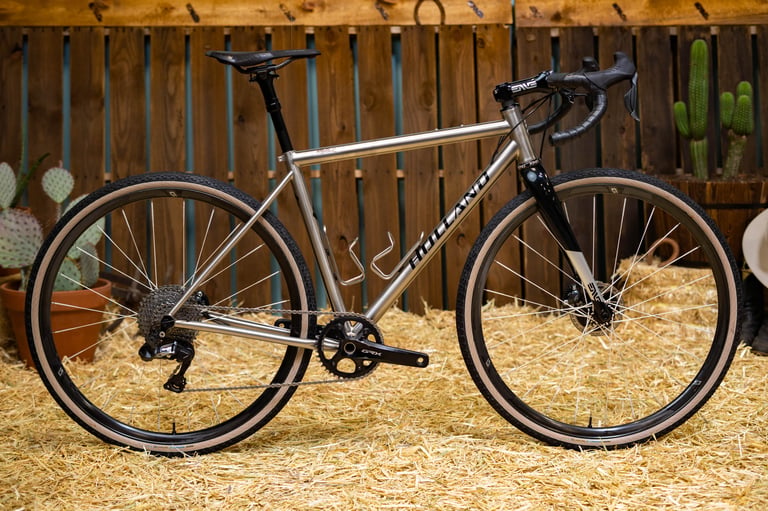 Holland Cycles Gravel titanium bike with Shimano GRX groupset, ENVE wheels and fork and tan-wall tyres at the Round-Up.