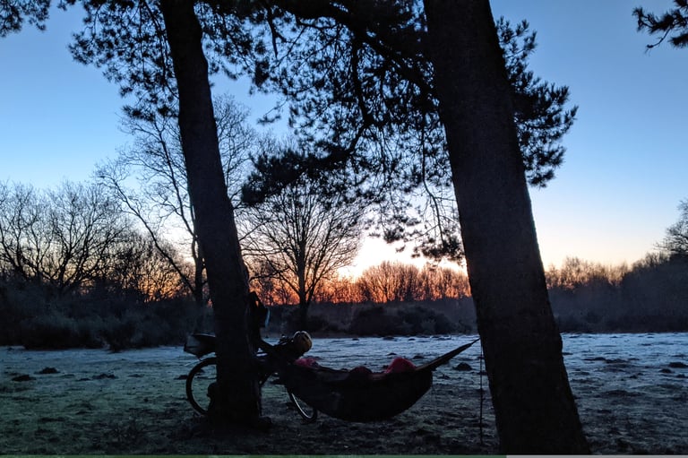 Hammock hung between two trees on frosty ground at dawn, with a bike leaning on a trunk and an orange sky behind.