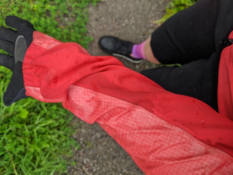 Wet sleeve of the GORE Infinium Hybrid Jacket after rain, with dark damp patches soaking into the red softshell fabric.