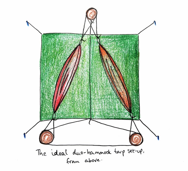 Hand-drawn plan from above of two hammocks pitched under one 3x3 metre tarp, tied to three trees.