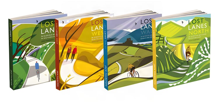 The four Lost Lanes guidebooks by Jack Thurston: South, West, Wales and North, with illustrated covers.
