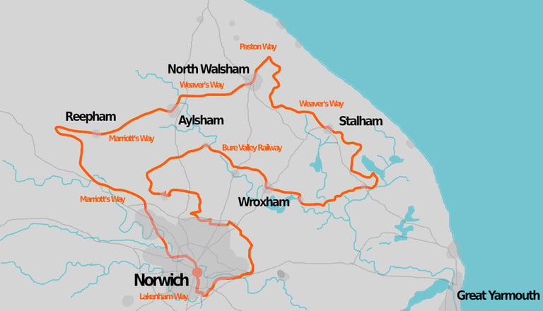 Route map of the Norfolk rail trails loop linking Marriott's Way, Weaver's Way, Paston Way and Bure Valley Railway.