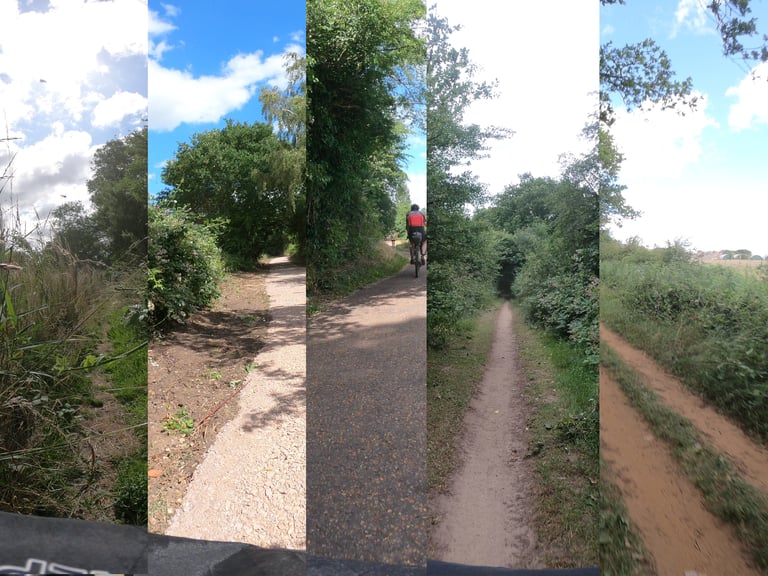 Five-panel montage of Norfolk rail trail surfaces: grass, fresh gravel, tarmac, dirt single track and sandy double track.