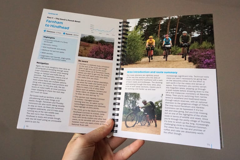 Open King Alfred's Way guidebook showing the Farnham to Hindhead stage, with route notes, elevation profile and photos.