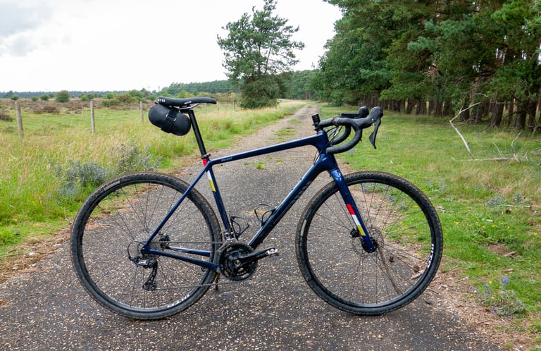 Salsa Warbird GRX 600 in metallic blue on a gravel track beside heathland and pine trees.