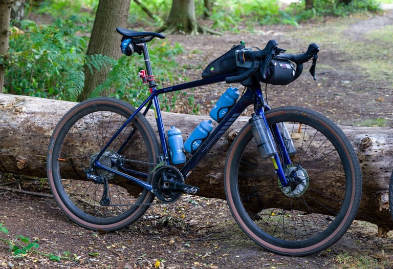 Salsa Warbird loaded with bottles on the frame and fork, plus a bar bag, leaning on a fallen log in woodland.