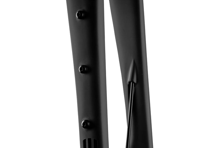 Close-up of the ENVE Adventure Fork leg showing three mounting bolts and the internal brake hose routing.