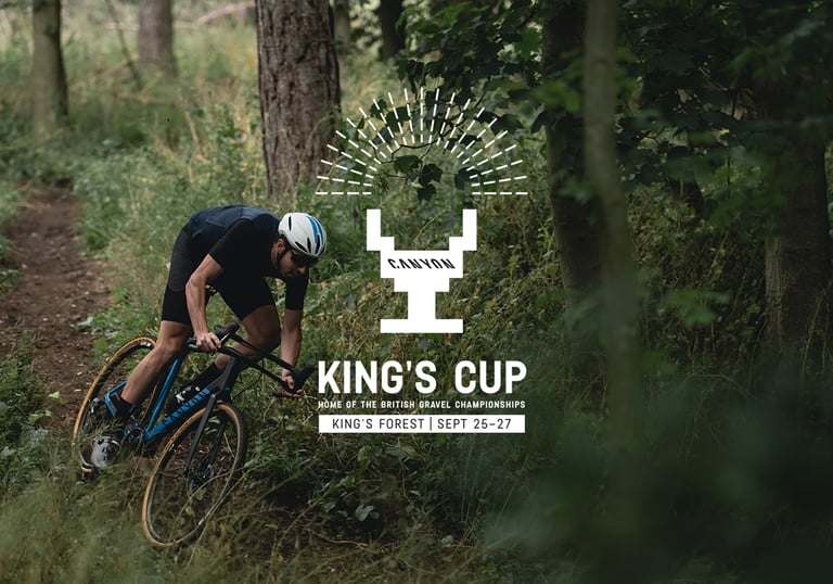 King's Cup poster, home of the British Gravel Championships, King's Forest, 25-27 Sept, with a rider on a wooded descent.