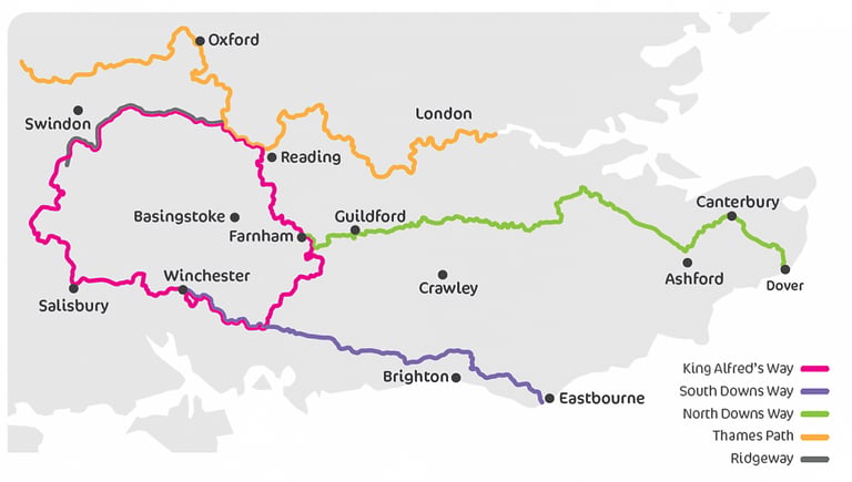 Map of the King Alfred's Way loop around Winchester, Salisbury, Reading and Farnham, with linking National Trails.