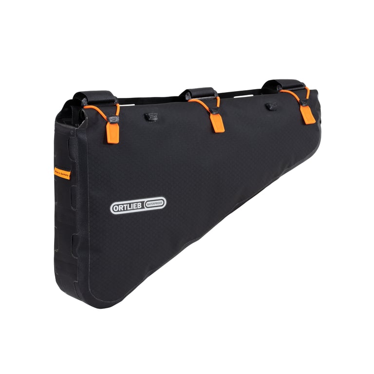 Ortlieb frame pack in black with orange pulls and three top-tube straps, side view on white.