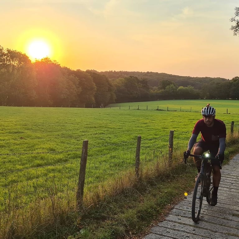 Rider on the South Downs Way at sunrise, following a paved track beside a fenced green field.