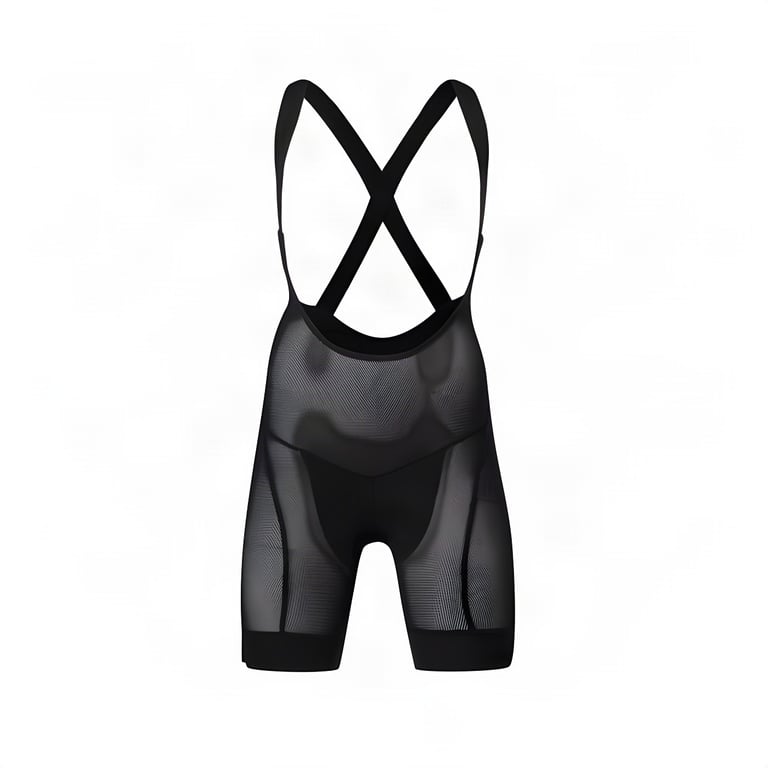 7Mesh Foundation Bib Shorts in black mesh with crossed back straps, shown on white.
