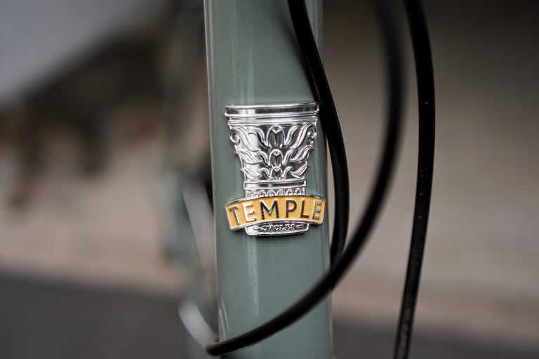 Close-up of the silver Temple Cycles head badge with a yellow banner on the lichen green head tube of the Adventure Disc 1.