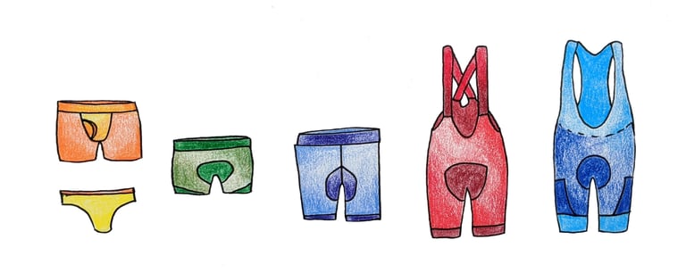 Hand-drawn spectrum of under-baggy options, from pants and boxers through padded shorts to liner bib shorts.