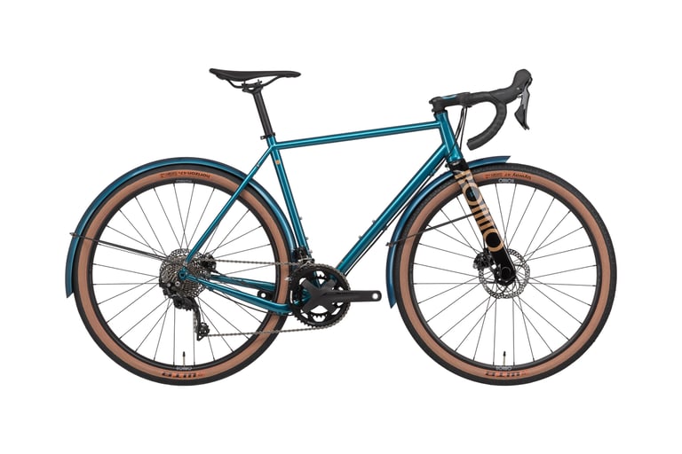 Rondo Mutt ST touring bike in teal with mudguards, tan-wall tyres and 650b wheels, side view.