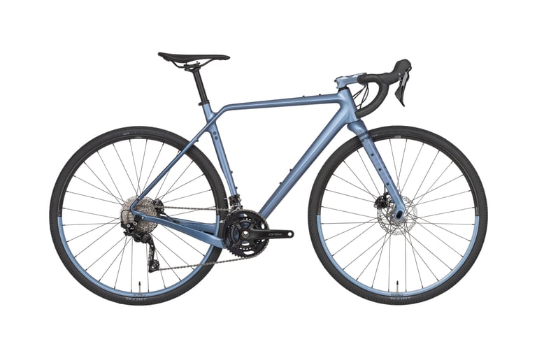 Rondo Ruut CF 2X in blue-grey, side view, with double chainring Shimano GRX cranks and disc brakes.