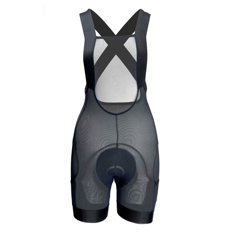 Velocio Trail Mesh Bib Liner in black mesh with crossed straps and a chamois, shown on white.