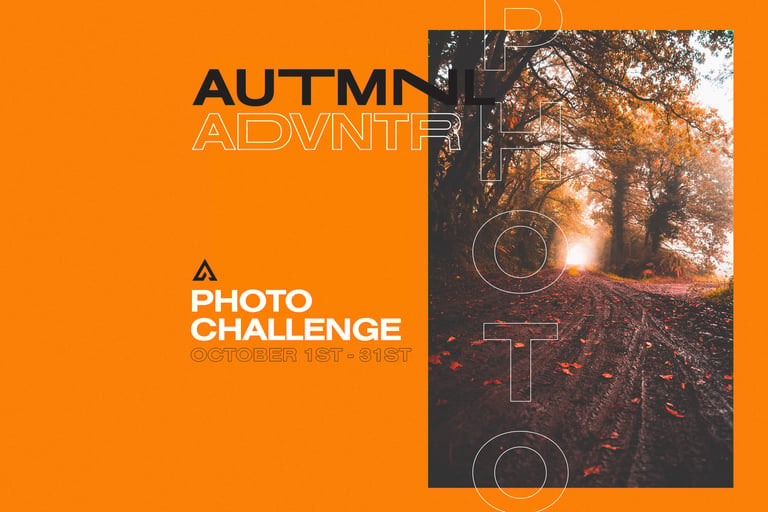 AUTMNL ADVNTR photo challenge poster for 1 to 31 October, with a leaf-strewn autumn track through trees.