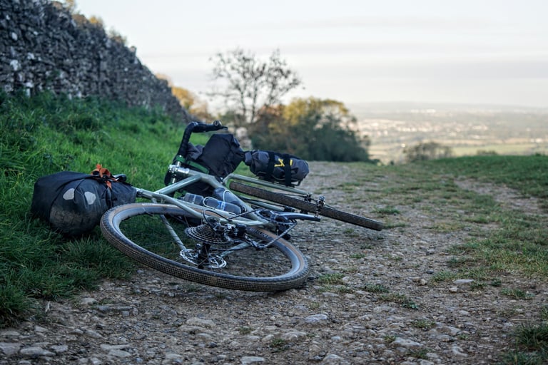 Temple Adventure Disc 1 lying on a stony track with bags strapped to the fork legs and handlebar.