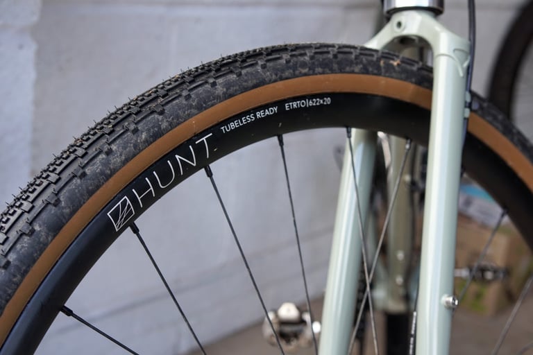 Dirty Panaracer Gravelking 38c tyre on a Hunt 4 Season Disc rim, fitted to the Temple Adventure Disc 1.