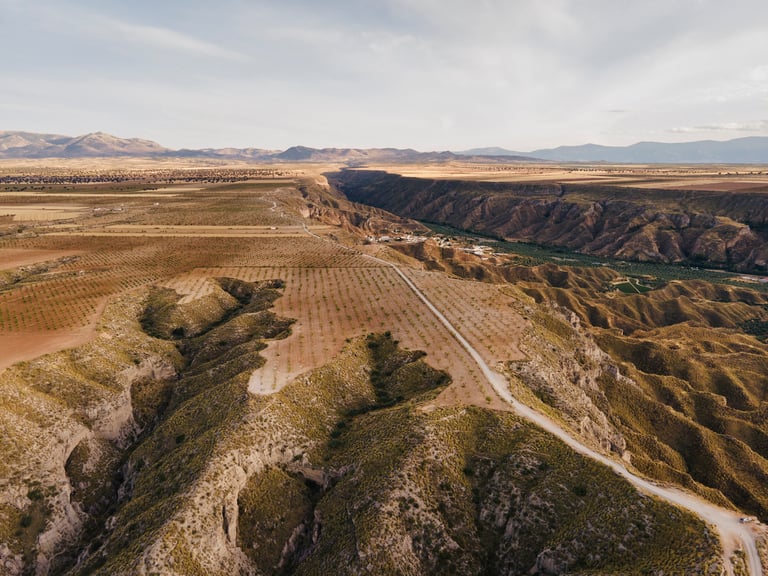 Aerial view of a gravel track crossing farmland and ravines in the Gorafe Desert, Andalucia.