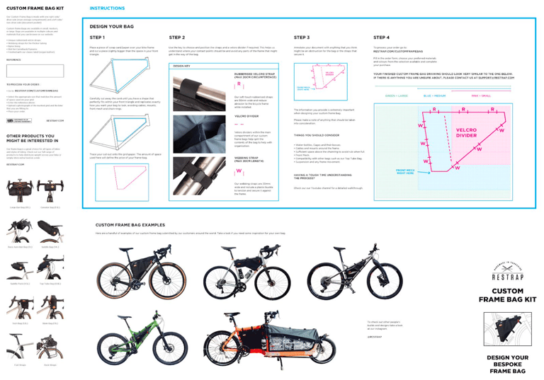 Restrap custom frame bag design pack: four steps for tracing your frame triangle and marking straps and a velcro divider.