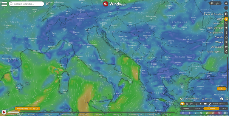 Windy weather app wind forecast map of Italy and the Balkans, used to plan autumn rides.