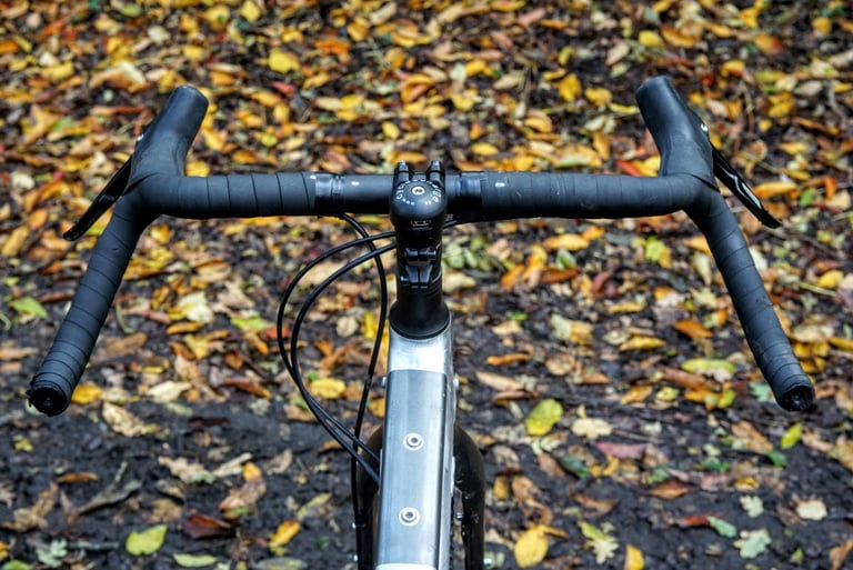 Top view of the Riverside 920's 24-degree flared drop bars with black tape, over fallen autumn leaves.
