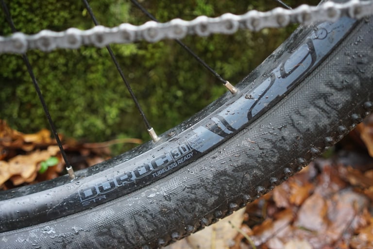 Sun Ringle Duroc 30 tubeless-ready rim and knobbly 29-inch tyre on the Riverside 920, beaded with rain.