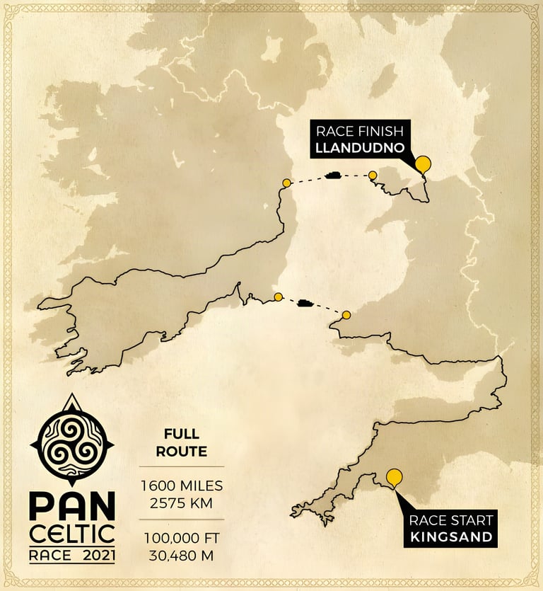 Route map of the Pan Celtic Race 2021: 1,600 miles from Kingsand in Cornwall to Llandudno via Wales and Ireland.