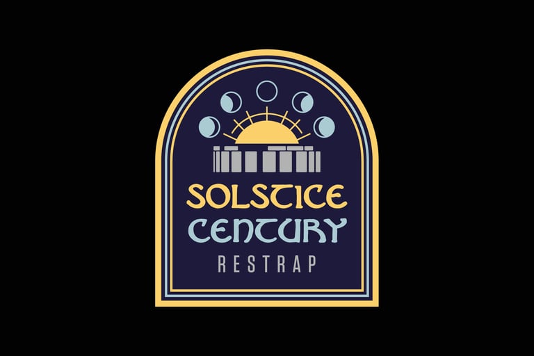 Solstice Century by Restrap logo, an arched badge with a rising sun, moon phases and standing stones.