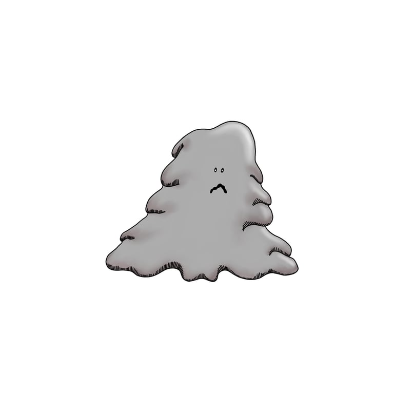 Illustration of a grey clay blob with a sad face, from the geologist's guide to gravel.