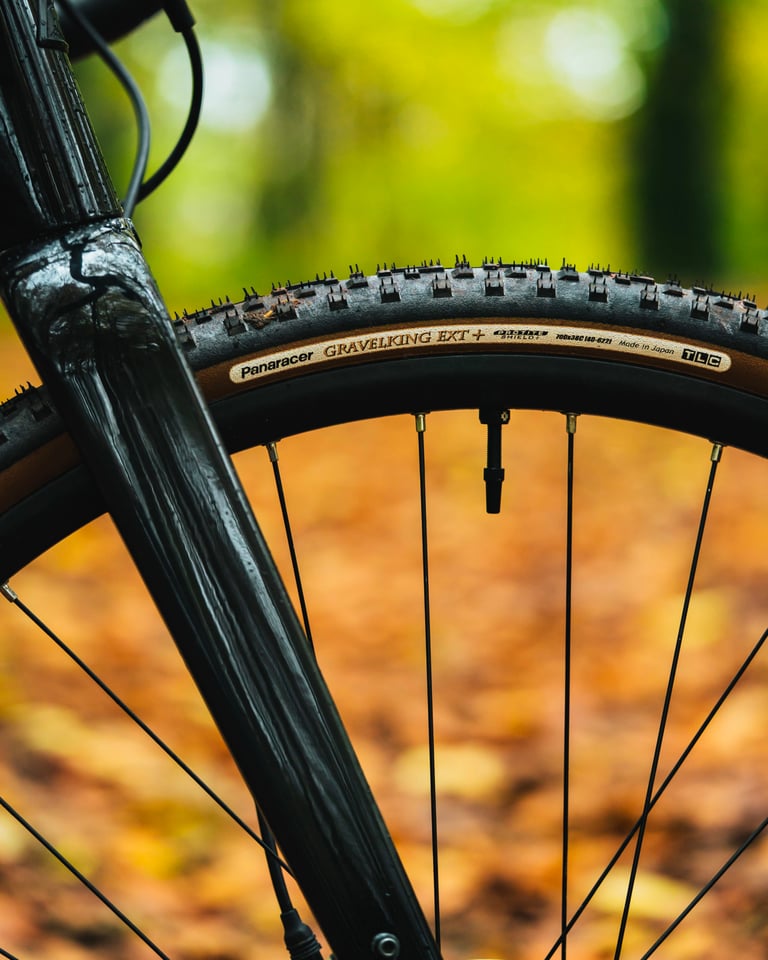 Panaracer GravelKing EXT Plus 700x38c TLC sidewall label on a tubeless front wheel, next to the fork.