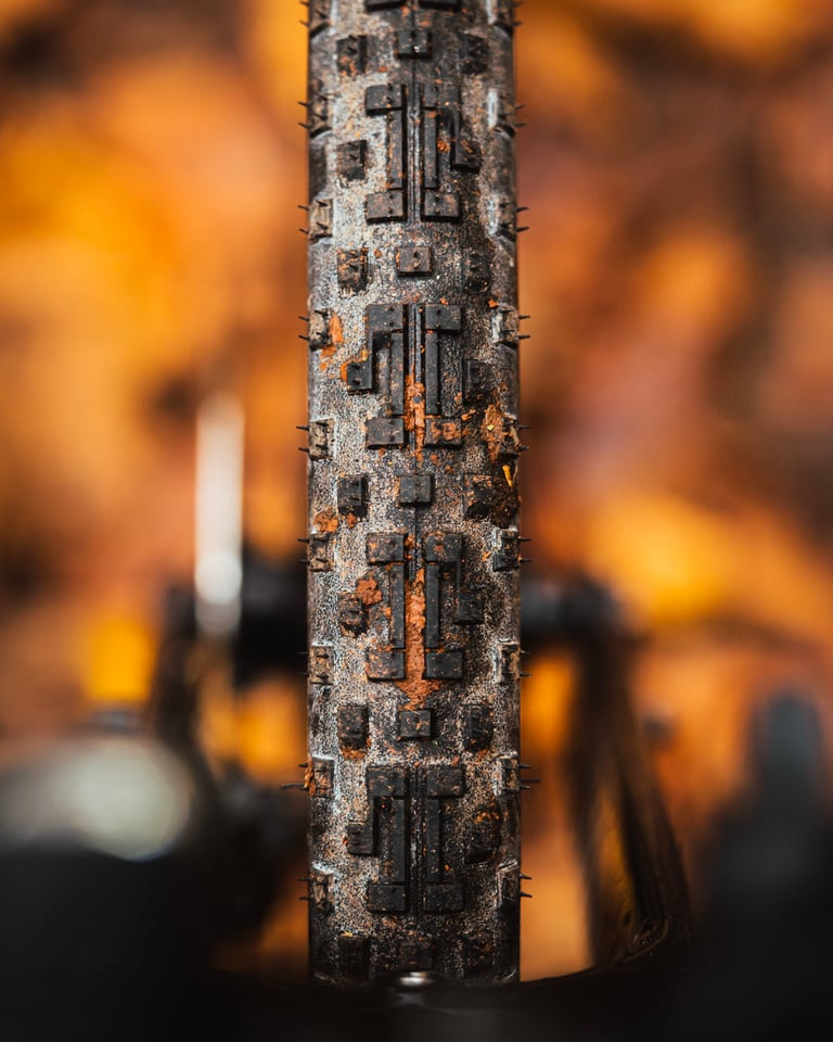 Muddy tread of a Panaracer GravelKing EXT Plus tyre seen head-on, with a central band and edge knobs.