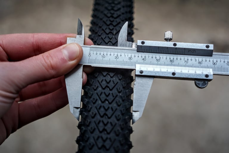 Vernier calliper measuring the width of a Halo GXC tyre across its diamond tread knobs.
