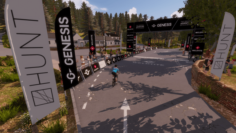 RGT Cycling screenshot of the virtual Dirty Reiver start and finish arch, lined with Genesis, Weldtite and Hunt banners.