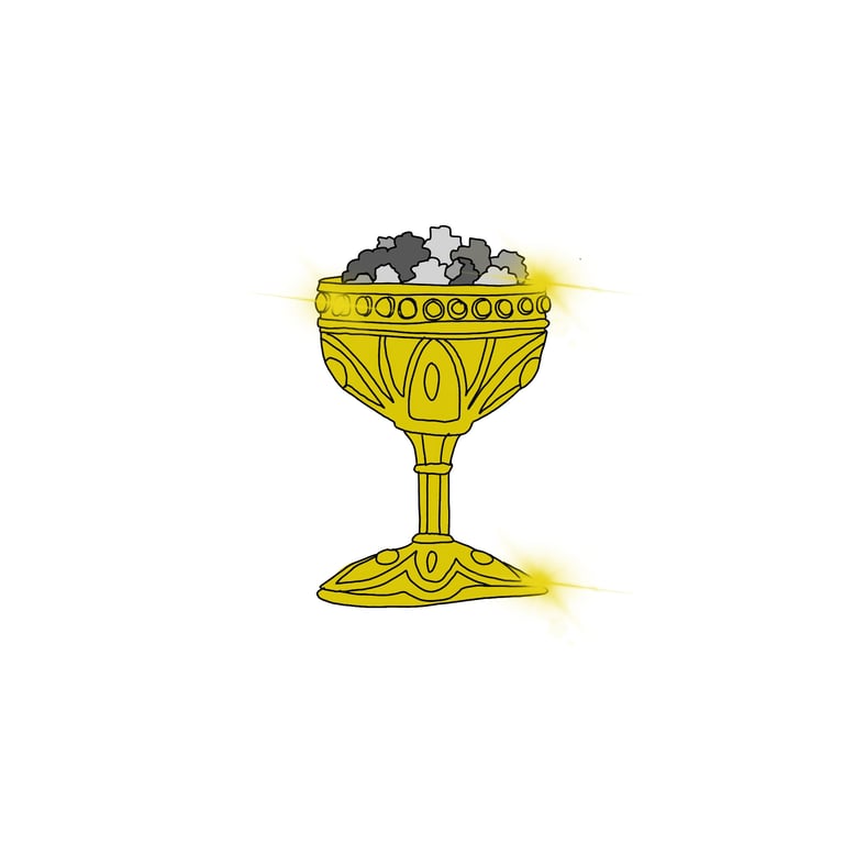 Illustration of a golden Holy Grail goblet piled with grey gravel, standing for fine and medium gravel.