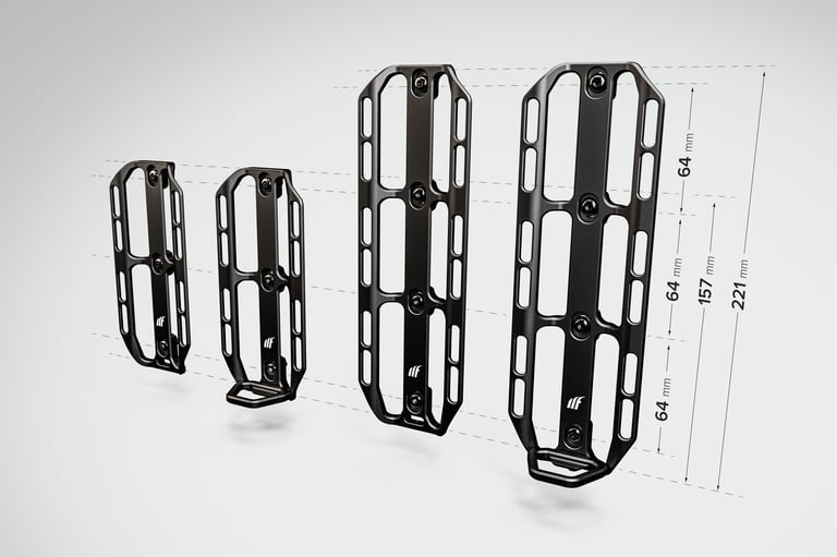 Render of the small and large Tailfin Cargo Cages, each shown with and without the Load Chip, with lengths marked.