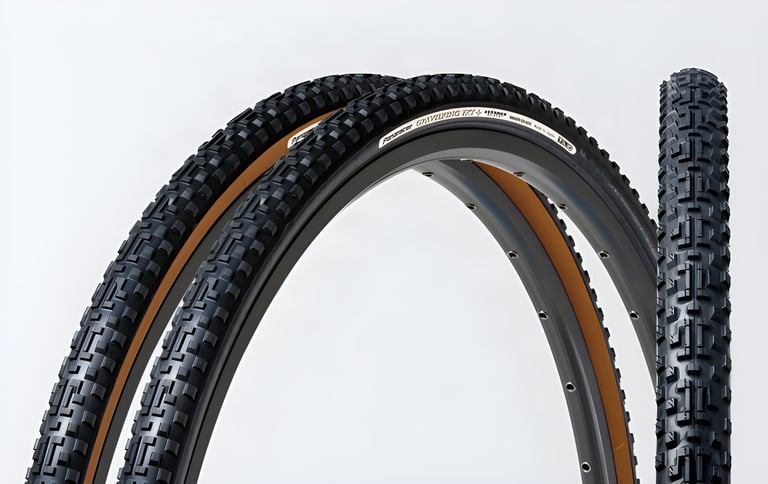 Panaracer GravelKing EXT Plus tyres in tan-sidewall and all-black versions, product shot on a white background.