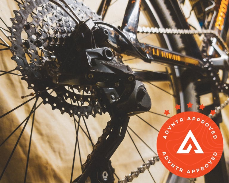 Microshift Advent clutch rear derailleur and wide-range cassette, close up.