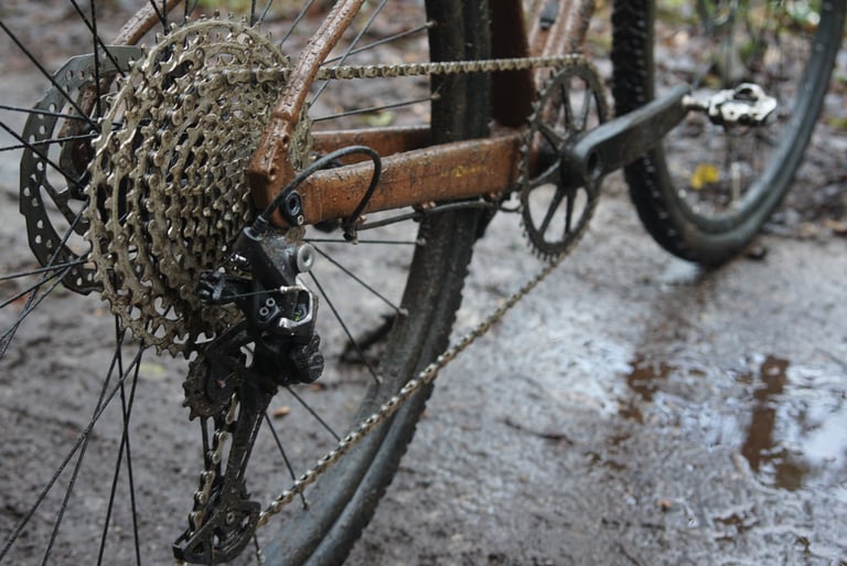 Marin DSX 2 1x drivetrain from behind, with wide-range cassette, rear derailleur and chain on a wet track.