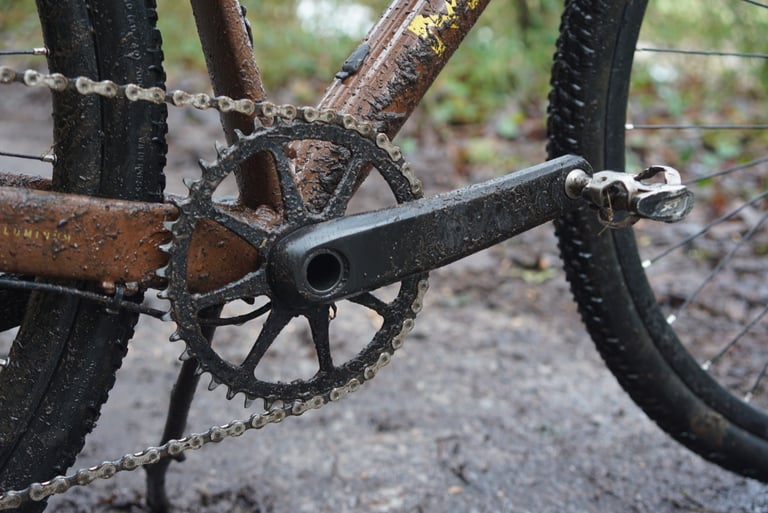 Unbranded 42-tooth narrow-wide chainring and alloy crank on the Marin DSX 2, caked in trail mud.