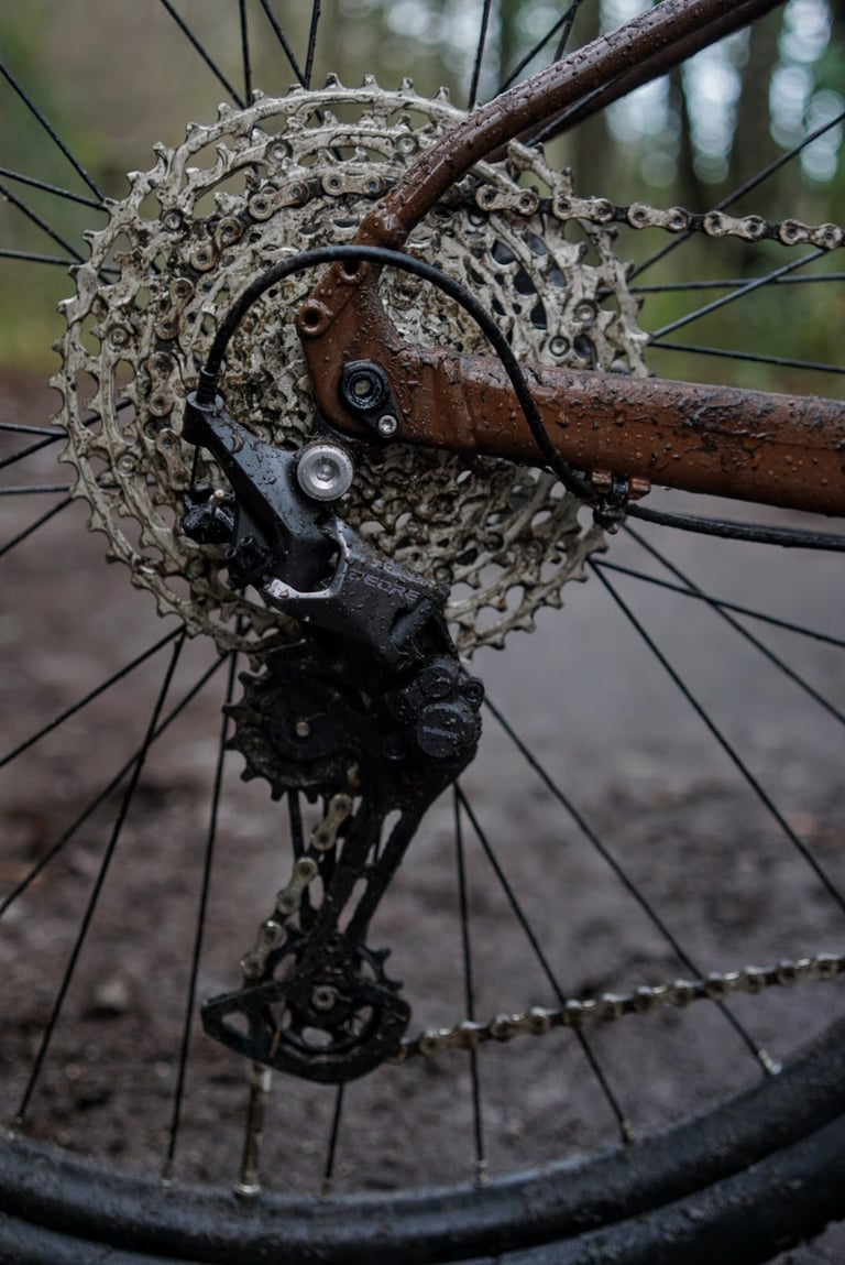Muddy 12-speed Shimano Deore cassette and rear derailleur on the Marin DSX 2 rear wheel.