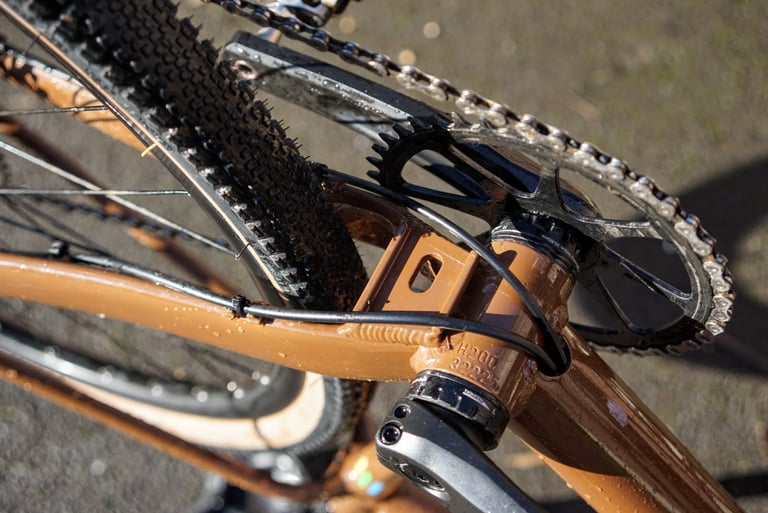 Marin DSX 2 mudguard and kickstand plate between the chainstays behind the bottom bracket and chainring.